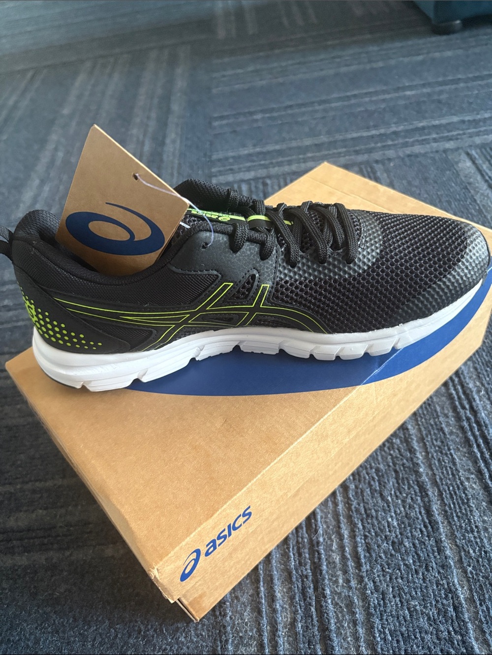 New in Box ASICS Black Running Shoe with Neon Green Accents